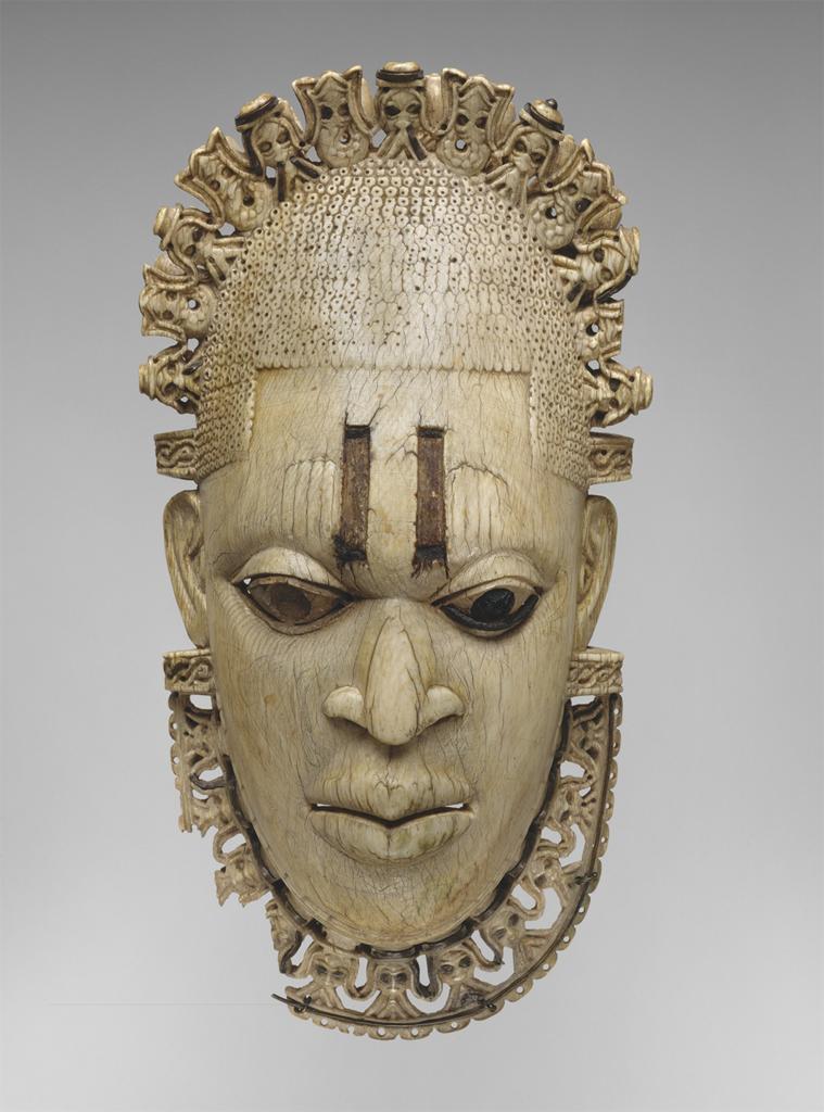 Pendant Mask: Iyoba, Nigeria, Edo, Court of Benin, 16th century, Ivory, iron, copper (?) [MMA, 11418]