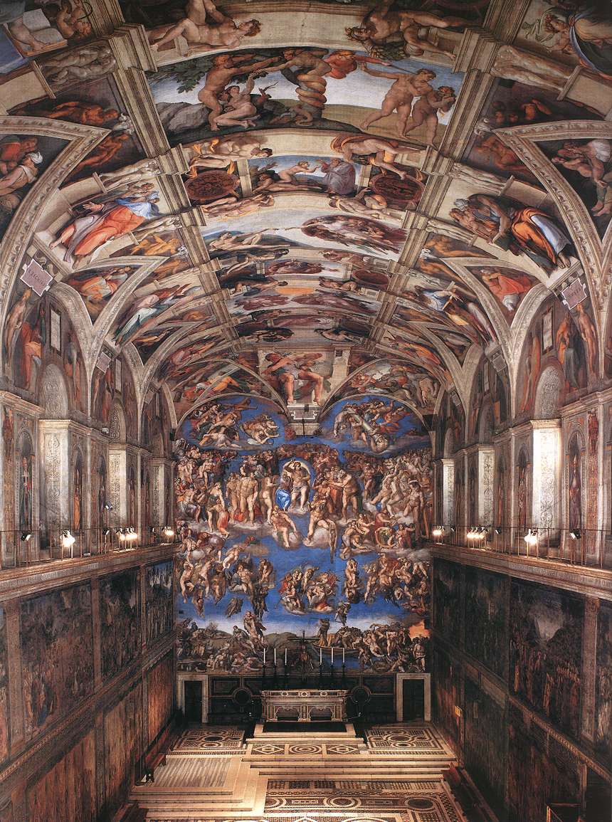 Michelangelo Buonarroti, Sistine Chapel, view toward altar, 1508-1512/1533-1541, Vatican Palace, Vatican City