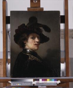 Rembrandt, "Tronie of a man with a feathered beret, o/oak panel, c. 1634-1640 (The Hague, Mauritshuis, inv. no. 149)