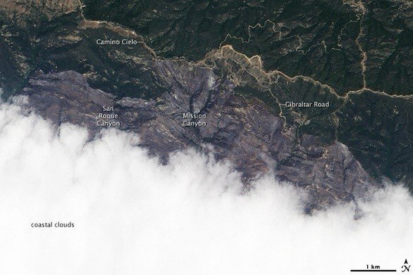 Santa Barbara Botanic Garden, satellite image shows the northern part of the burned area that butts up against Los Padres National Forest, with the outskirts of the city below the clouds ( NASA Earth Observatory / Wikimedia Commons; photo taken May 10, 2009)