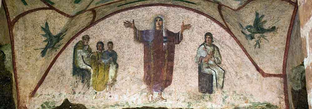 Fresco detail from the Cubiculum of the Veiled Woman, Catacomb of Priscilla, Via Salaria, Rome