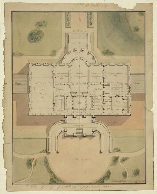 Benjamin Henry Latrobe, The White House ("President's House") Washington, D.C. Site plan and principal story plan, 1807, watercolor and ink on paper [Benjamin Henry Latrobe Archive (Library of Congress), LC-DIG-ppmsca-23759]