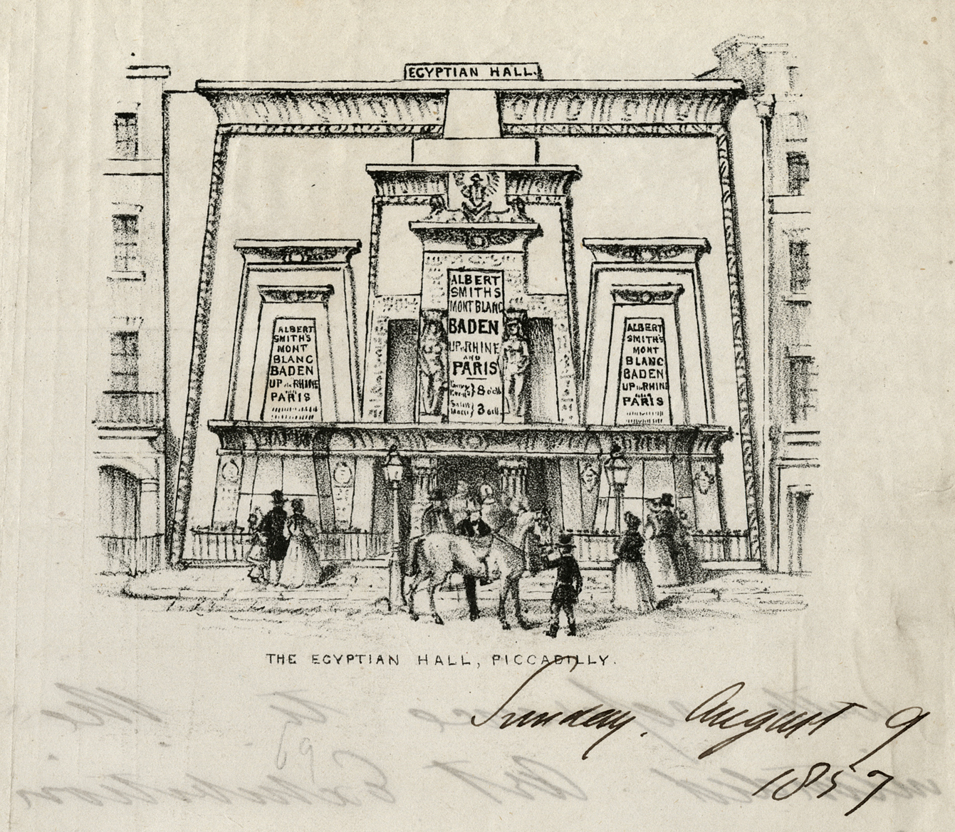 The Egpytian Hall, Piccadilly, detail from a letter from Albert Richard Smith to Mr. Kepper introducing John Deane. Letter mentions Dickens and Thackeray (courtesy Harry Ransom Center, The University of Texas at Austin; #MSS_ThackerayWM_3_15_005)