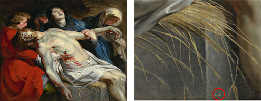 Left: The Entombment, Peter Paul Rubens, ca. 1612, oil on canvas. The J. Paul Getty Museum; Right: Inventory number on The Entombment (detail). Digital images courtesy of the Getty's Open Content Program.