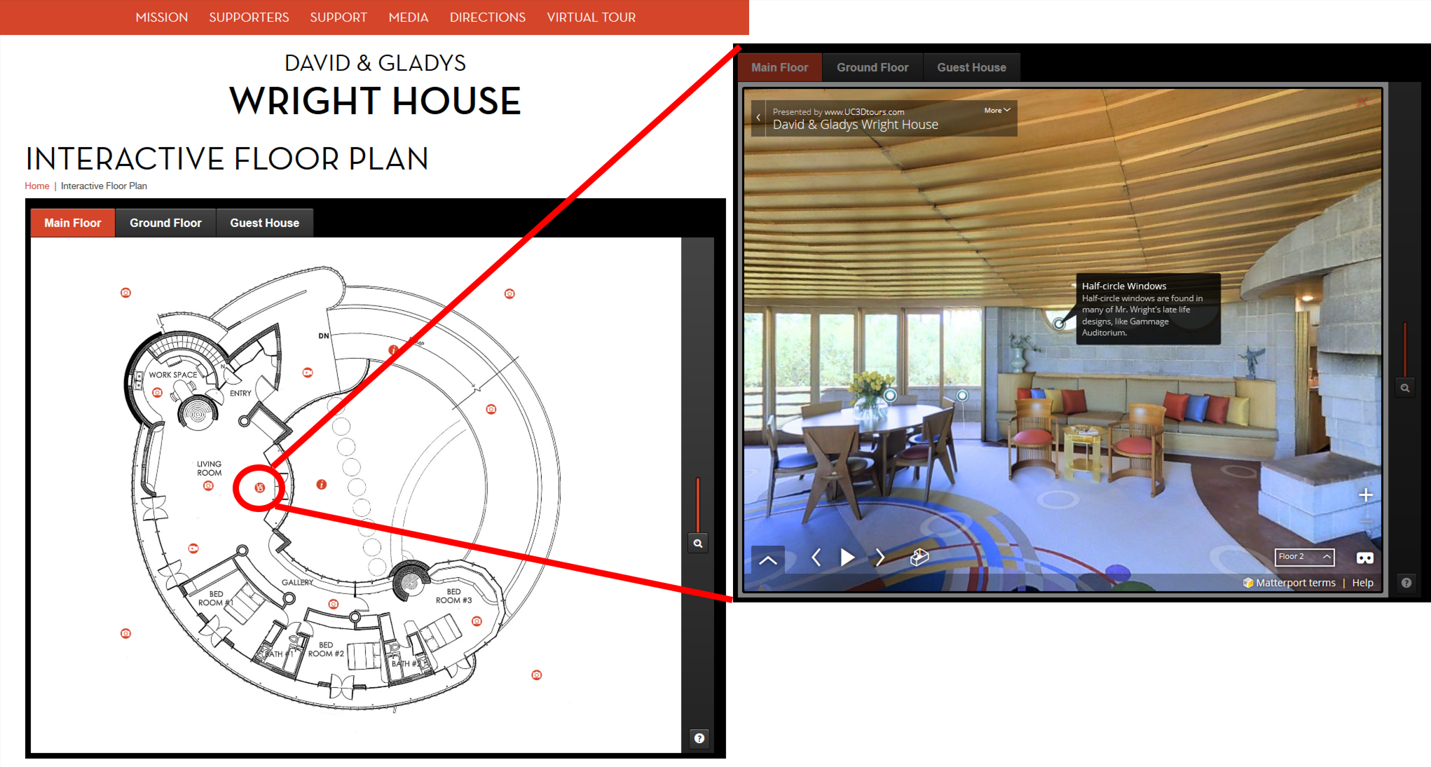 The David & Gladys Wright House virtual tour navigation and image