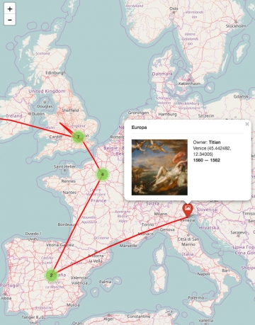 Screenshot of Mapping Paintings, showing the migration of Titian’s “Europa” (screenshot via mapping paintings.org)