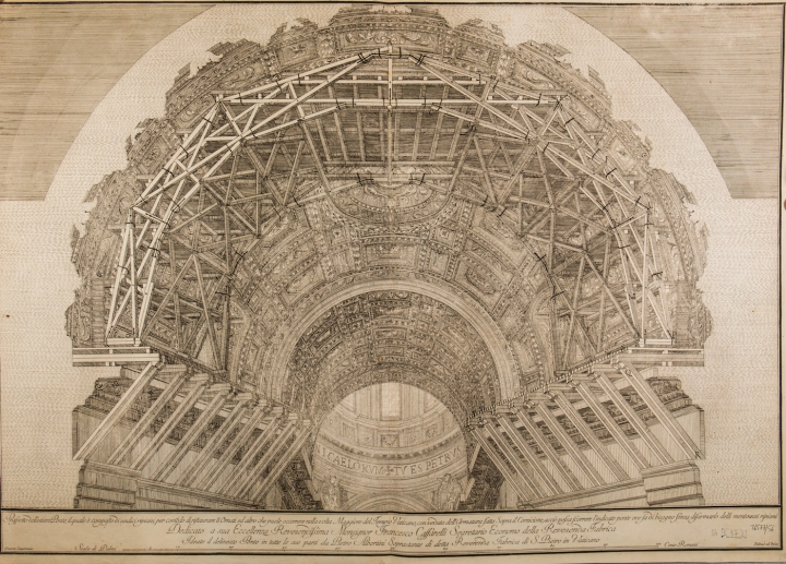 Giacomo Sangermano, engraving of a scaffolding for the restoration of the vault of St. Peter’s Basilica (1700) [In. nos. 16577_56 and Roma XI.54.57]