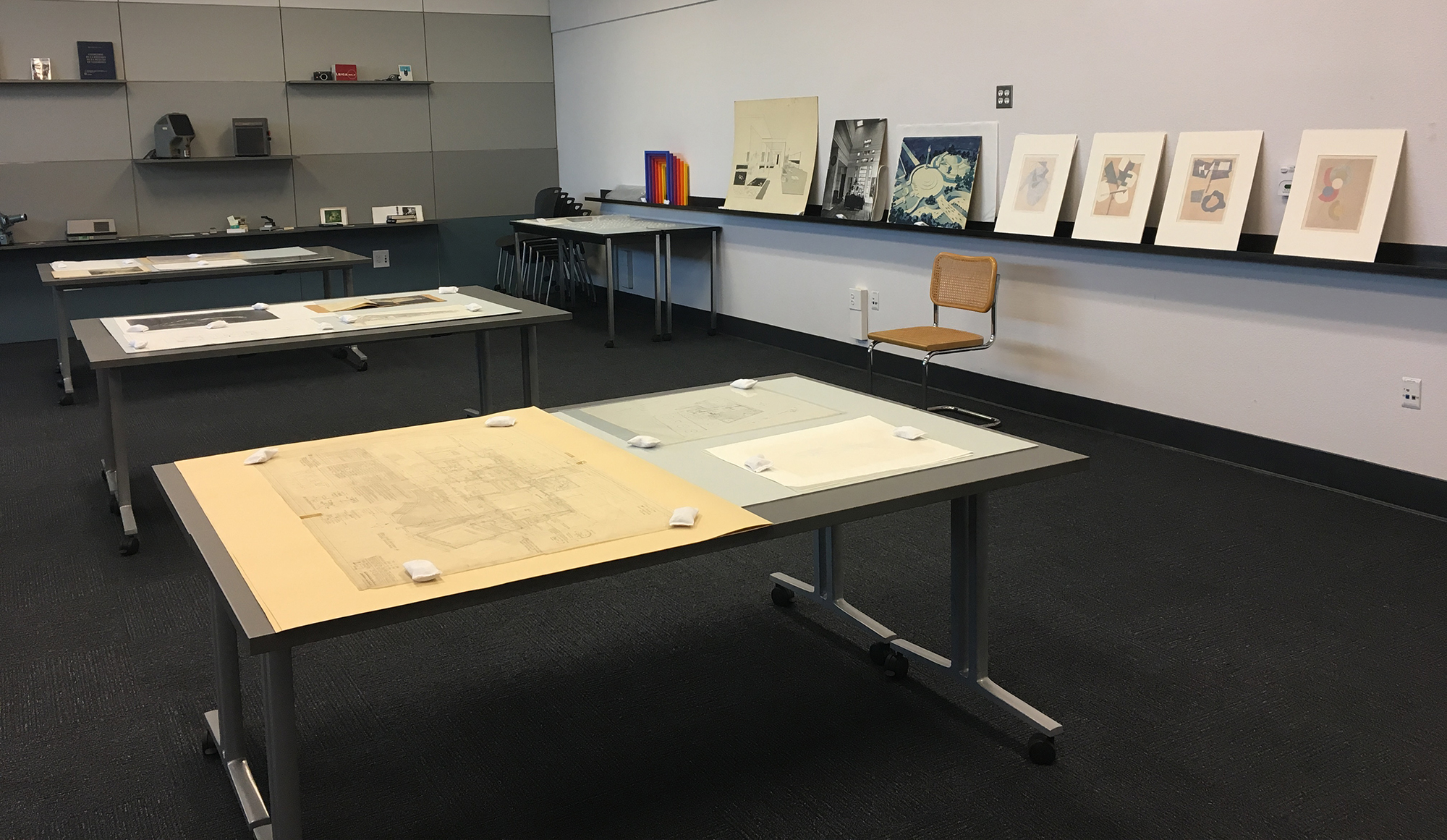 A view of the History of Art & Architecture's Center for Object Based Research and Learning (COBRAL) before the inaugural meeting of ARTHI 186SV: Seminar in Modern Architecture: Bauhaus in California, taught by Professor Volker M. Welter in Fall 2019. Instructors hold courses in the Material & Image Research Lab to teach with objects borrowed from the Art, Design & Architecture Museum and the Architecture and Design Collection for study and facilitating discussion. (image taken 9/30/2019)